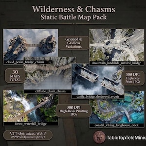 Op de afbeelding: Wilderness & Chasms Static Battle Map Pack met in totaal 30 kaarten. Bevat variaties met en zonder raster, 300 DPI hoge resolutie print JPG's en VTT-geoptimaliseerde WebP-bestanden. Toont zes top-down terreinscènes met bruggen, ravijnen en dokken.