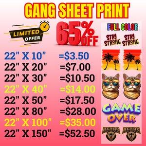 May include: A pink and yellow graphic with the text "GANG SHEET PRINT" in large yellow letters. The graphic also includes the text "LIMITED OFFER" and "65% OFF". Below the text is a price list for different sizes of printed sheets, ranging from 22 inches by 10 inches to 22 inches by 150 inches. The price list is in US dollars. The graphic also includes a variety of images, including a cat wearing sunglasses, a game over sign, and two bears.