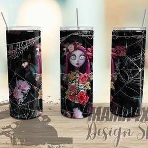 Sally Skeleton Torso with Spiderwebs and Roses PNG Tumbler Wrap 20 ounce Skinny Straight Only Sublimation Craft Messy Bun Skull webs