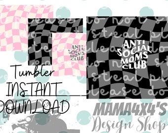 Paquete de 4 Anti Social Moms Club 20 onzas Tumbler ondulado a cuadros negro gris rosa PNG Sublimación silueta archivo taza de té café sin cricut
