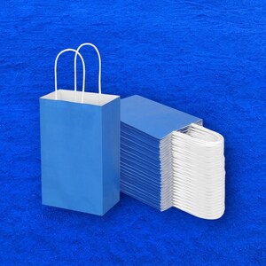 Op de afbeelding: Twee blauwe papieren tassen met witte handvatten. E&eacute;n tas staat rechtop en de andere ligt met de handvatten gevouwen over de bovenkant.