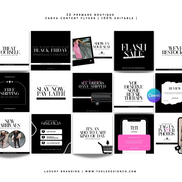 36 boutique content flyers | 100% editable Canva flyers for boutiques | e-commerce | hair | bundles | wigs | makeup | clothing/online store