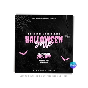 Gotowy szablon ulotki na wyprzedaż Halloween | 100% edytowalne ulotki Canva dla butików | e-commerce | włosy | pakiety | sklep internetowy | makijaż