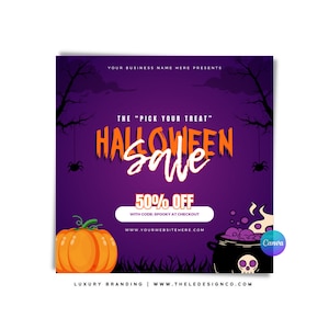 Gotowy szablon ulotki na wyprzedaż Halloween | 100% edytowalne ulotki Canva dla butików | e-commerce | włosy | pakiety | sklep internetowy | makijaż