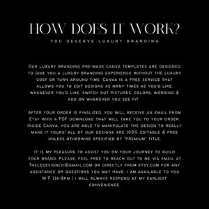 Może przedstawiać: Tekst na białym tle wyjaśniający, jak korzystać z szablon&oacute;w Canva do tworzenia luksusowej marki. Tekst zawiera zwroty "HOW DOES IT WORK?" i "YOU DESERVE LUXURY BRANDING".