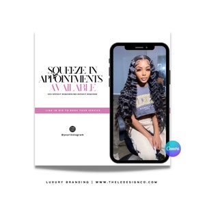 Pre-made &quot;Squeeze in&quot;  Canva template | 100% editable Canva flyer for hairstylists | estheticians | lash techs | waxers | nail techs