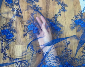 Blue Floral Lace Fabric, Royal Blue Mesh Lace Fabric by the Yard, Scalloped Polyester Lace fabric for Gown, Wedding, Dress, Prom, Tulle Lace