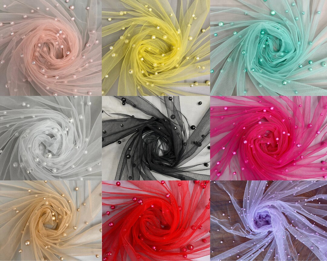 Pearl Tulle Fabric by the Yard, Pearl Beaded Tulle Fabric for Dresses