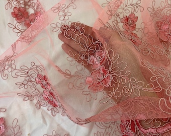 Floral Pink Embroidery Lace Mesh, Scalloped Lace Fabric by the Yard, Lace with Flowers, Rose Lace fabric for Gown, Bridal Dress, Bridesmaids