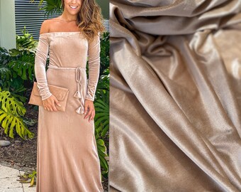 Champagne Velvet by the Yard, 4 Way Stretch Velvet for Bows, Gowns, Head Wraps, Costumes, Panne Velour Fabric Gold