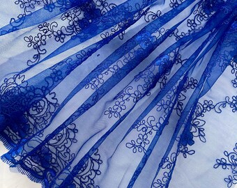 Royal Blue Embroidered Floral Mesh Lace,Blue Scalloped Lace Fabric by the Yard, Polyester Lace Blue fabric for Gown, Wedding Dress