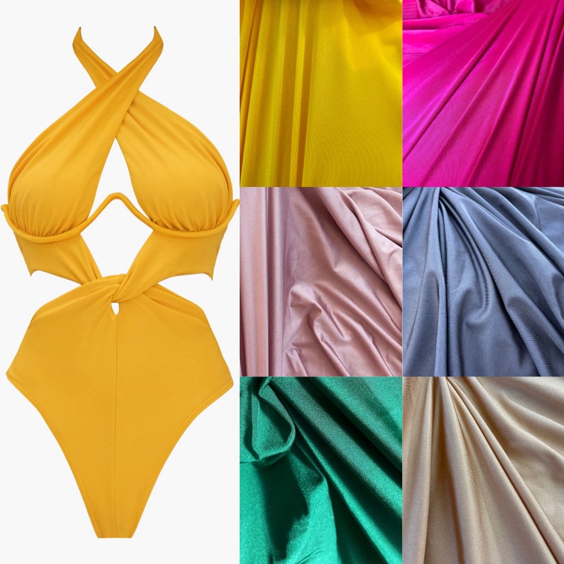 May include: A yellow swimsuit with a criss-cross halter top and a cutout design. The swimsuit is made of a stretchy fabric and has a high-cut leg.