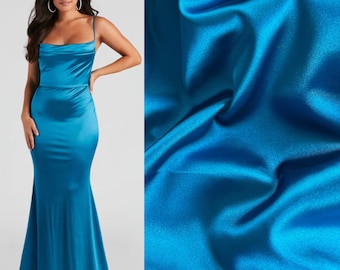 Teal Blue Stretch Silk Charmeuse, Silk by Yard, Luxurious Charmeuse for Gowna, Blue Silk for Bridal Dresses, Backdrop, Blue Slip Fabric