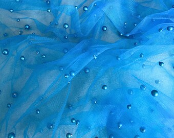 Blue Pearl on Tulle fabric, Blue Beaded Tulle Fabric by the yard, Blue Tulle Lace with Pearls Fabric,  Sky Blue Tulle Mesh with Pearls