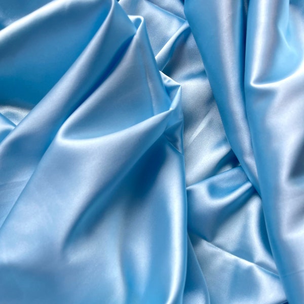 Baby Blue Stretch Silk Charmeuse, Fabric by Yard, Light Blue Satin fabric 60'' Wide, Luxurious Charmeuse for Bridal, Silk fabric for Gowns