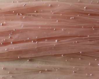 Baby Pink Pearl on Mesh,Princess Baby Pink Tulle Fabric,Beaded fabric for Apparel,Beaded Mesh for Wedding,Prom Dress,Tulle/ Mesh by the yard