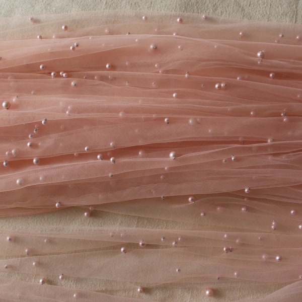 Baby Pink Pearl on Mesh,Princess Baby Pink Tulle Fabric,Beaded fabric for Apparel,Beaded Mesh for Wedding,Prom Dress,Tulle/ Mesh by the yard