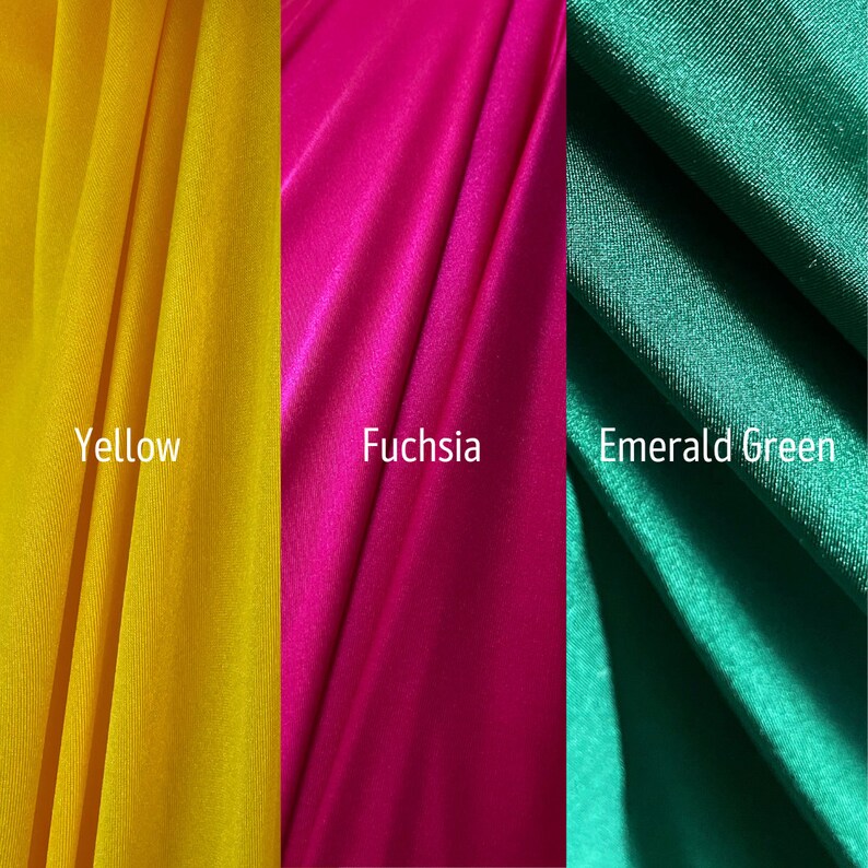 May include: Three fabric swatches in yellow, fuchsia, and emerald green. The swatches are arranged vertically, with the yellow swatch on the left, the fuchsia swatch in the middle, and the emerald green swatch on the right. The swatches are all smooth and shiny.