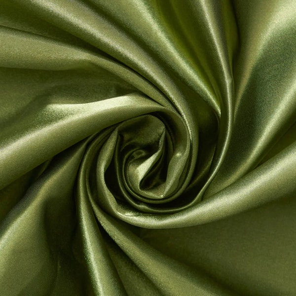 Olive Green Satin Fabric, Polyester Bridal Satin, Green Imitation Silk Medium Weight, Shinny Satin for Apparel, Decor, Crepe Satin by Yard