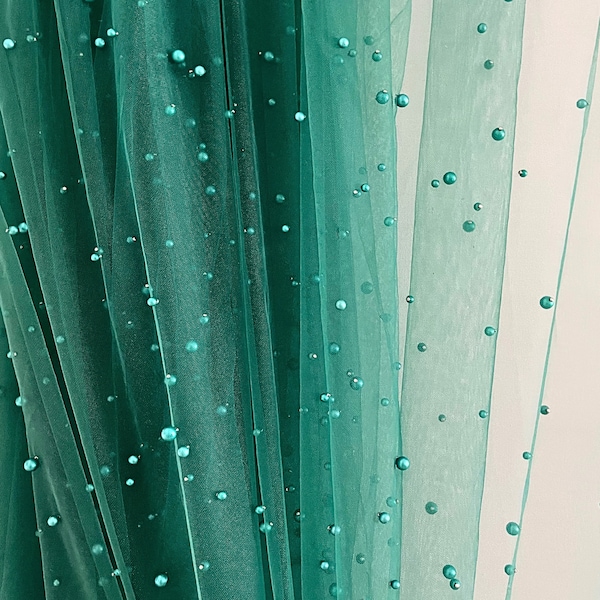 Pearl on Mesh Emerald Green Tulle fabric, Bridal Beaded Dress Fabric, Green Tulle Mesh with Pearl Fabric, Pearl tulle by yard