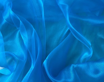 Teal Blue Sheer Organza Fabric by Yard, Blue Soft Fabric, Crystal Organza for Bridal, Curtains, Decor, Smooth Blue Fabric