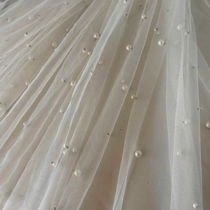 OFF White Pearl on Mesh Tulle fabric, Bridal Beaded Dress Fabric, Off White Tulle with Pearl Fabric, Fabric for veil