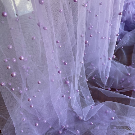 Buy Lavender Pearl on Mesh, Tulle Fabric Purple, Beaded Fabric by