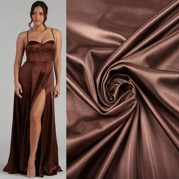 Silk Charmeuse Fabric,Stretch Silk by Yard,Mocha Silk fabric for Gowns,Brown Satin for Bridesmaids,Slip Fabric for Dresses, PREMIUM QUALITY!