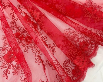 Red Lace, Embroidered Floral Mesh Lace, Red Scalloped Lace Fabric by the Yard, Polyester Pattern Lace fabric for Apparel, Bridal Dress, Gown