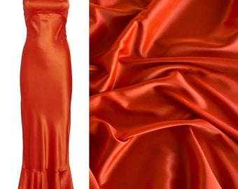 Dark Orange Stretch Silk Charmeuse, Silk by Yard, Luxurious Orange Silk for Gown, Stretch Satin for Gown,Dress, Slip Dress Orange Fabric