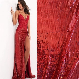 Sequin fabric by the Yard, Red Sequin on Mesh| Sequin fabric for Gowns| Backdrop Sequins| Party Fabric dress| Shiny fabric for decorations