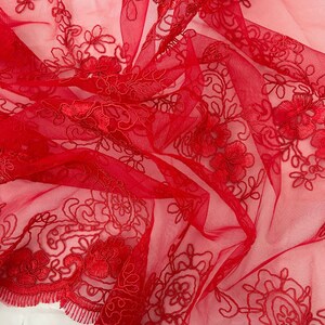 Red Lace, Embroidered Floral Mesh Lace, Red Scalloped Lace Fabric by the Yard, Polyester Pattern Lace fabric for Apparel, Bridal Dress, Gown image 4