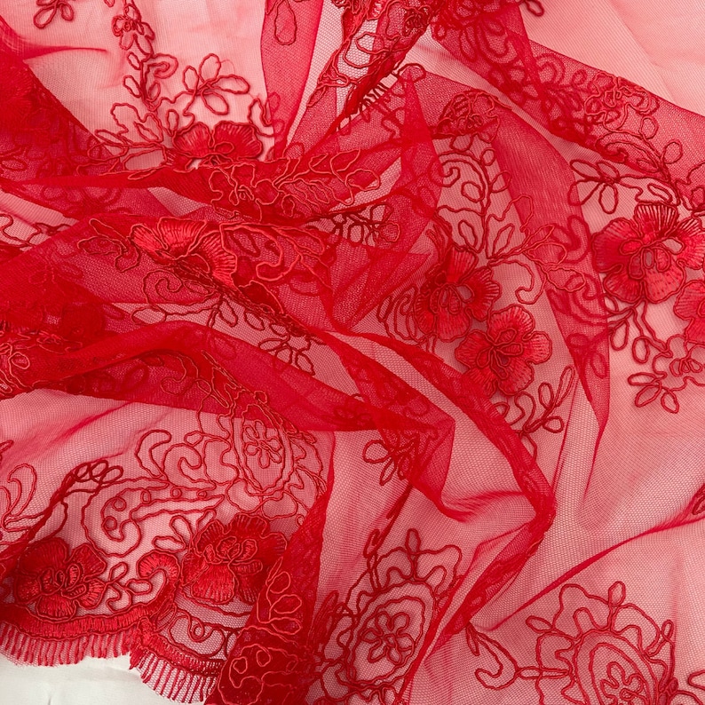 Red Lace, Embroidered Floral Mesh Lace, Red Scalloped Lace Fabric by the Yard, Polyester Pattern Lace fabric for Apparel, Bridal Dress, Gown image 4