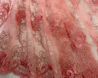 Salmon Floral Embroidered Lace, Mesh Scalloped Lace Fabric by the Yard, Polyester Pink Lace fabric for Gown, Dress, Apparel, Bridesmaids