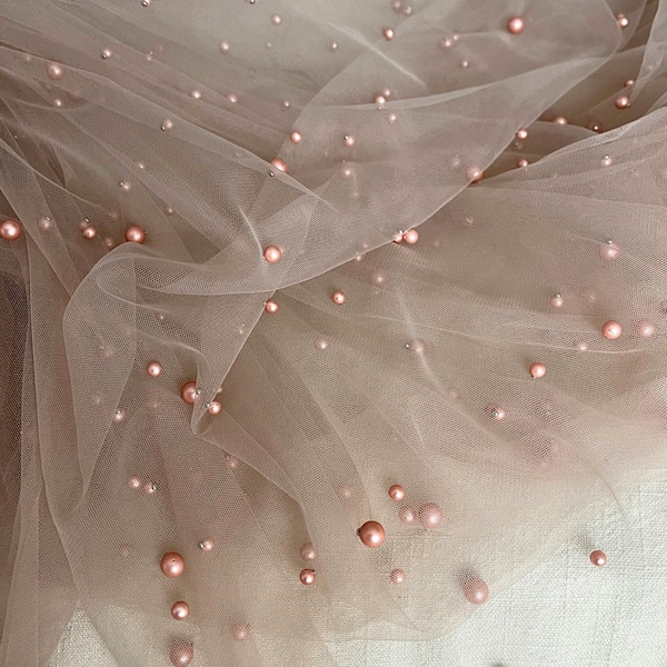Pearl on Mesh Blush Tulle fabric, Bridal Beaded Dress Fabric, Blush Tulle Mesh with Pearl Fabric, Tan Pearl tulle by yard