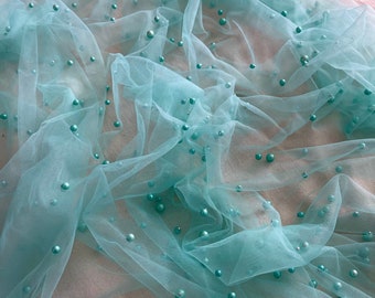 Mint Tulle Fabric by Yard Pearl on Mesh Turquoise, Pearls on Tulle fabric Aqua by Yard for Bridal Dress Bridesmaids and Baby shower decor