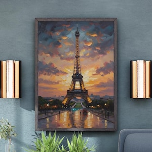 May include: A framed painting of the Eiffel Tower at sunset hangs on a teal wall. The artwork is surrounded by a gray chair, ottoman, and two wall sconces. A small silver side table with greenery is also present.