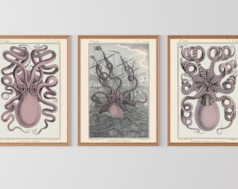 vintage Octopus Kraken Sea Monster Nautical Le Poulpe Colossal 1881 Pierre Denys de Montfort Premium Wall Art Poster 3 Print Set A4 Size