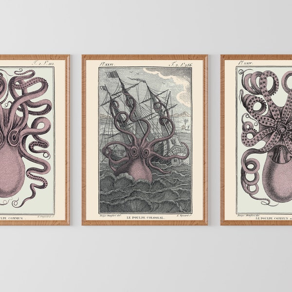 Vintage Octopus Kraken Sea Monster Nautical Le Poulpe Colossal 1881 Pierre Denys de Montfort Premium Wall Art Poster 3 Print Set A4 Size