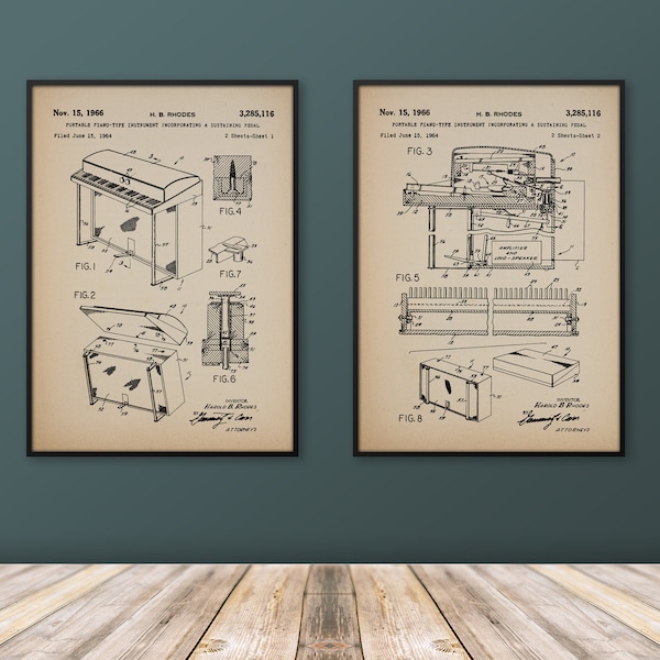 Fender Rhodes Electric Portable Piano 1966 Patent Prints - 2 Print Set Premium Wall Art, Blueprint Art, Music, Musician Gifts