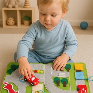 Unique Parking Board for Toddler, Quiet Book for Boy, Educational Busy Book, Montessori Activity Toy, First Birthday and Baby Sleep Toy Gift