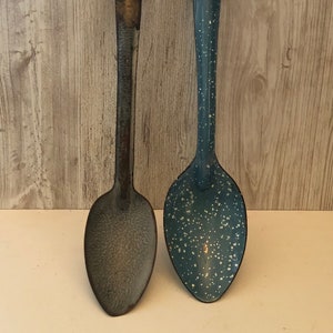 Vintage Set of Two Spoons - Blue and White Speckle Enamelware, Gray Speckle Graniteware