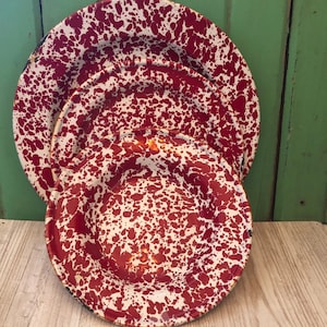 Vintage 3-Piece Set of Red and White Splatterware – Enamelware, Dishware, Dinnerware, Dinner Sets