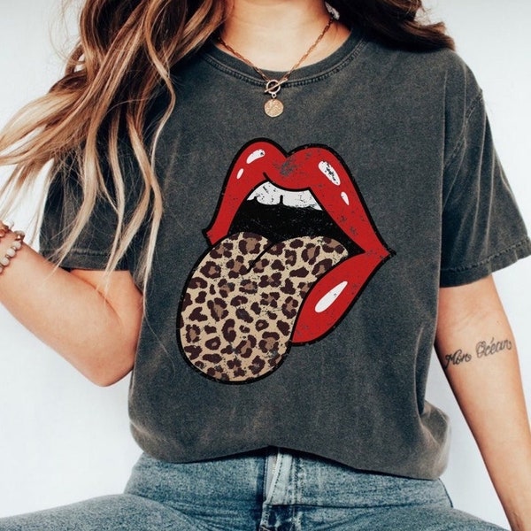 Comfort Colors Red Lips Leopard Tongue Shirt, Gifts For Women, Graphic Tees, Aesthetic Clothes, Vintage Band Tee, Rock Concert Outfit