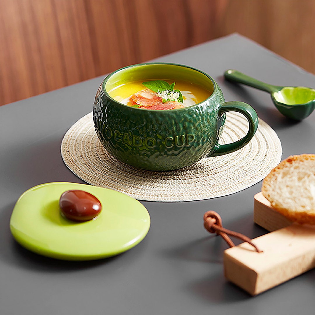 Porcelain Avocado Soup Bowl With Cover and Spoon Breakfast Etsy