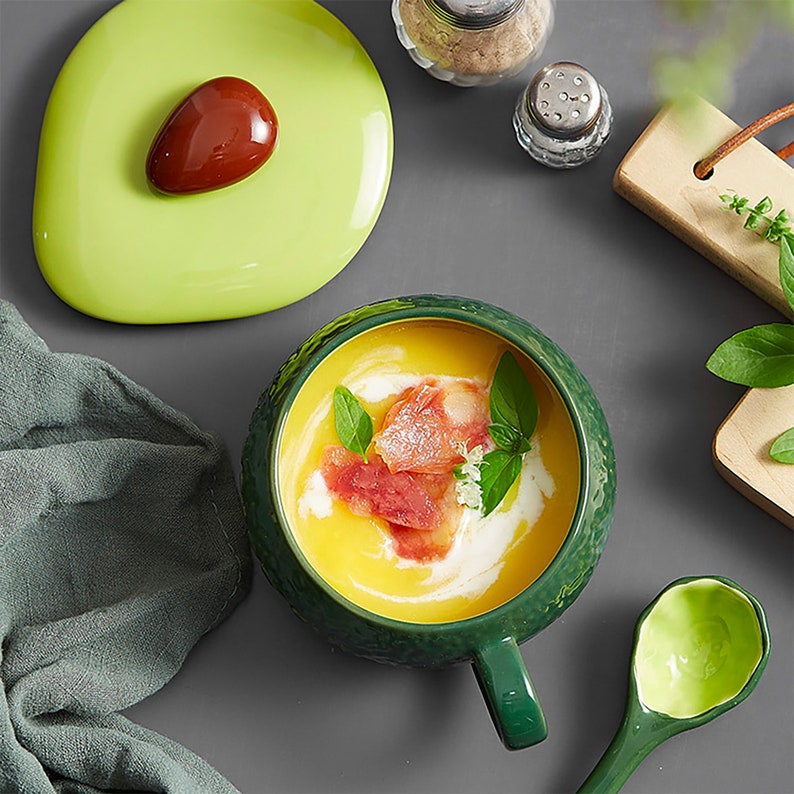 Porcelain Avocado Soup Bowl With Cover and Spoon Breakfast Etsy