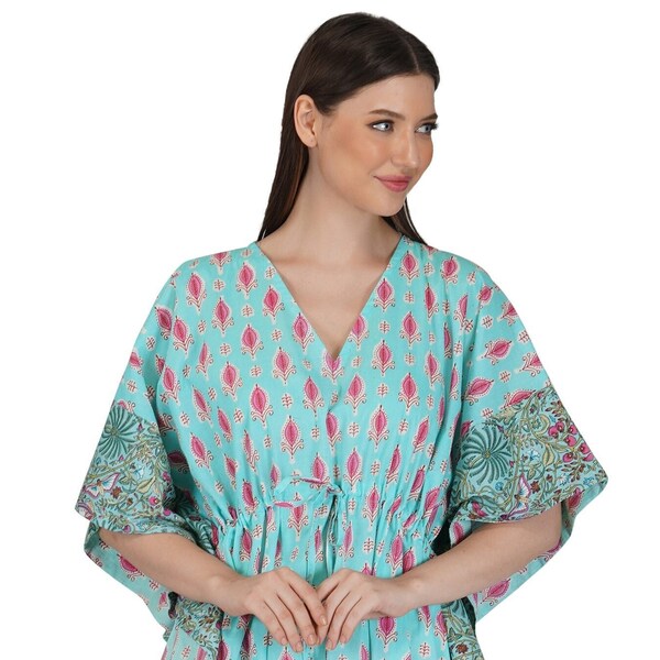 Safeera Indian Cotton Kaftan Flower Print Maxi, Hand Block Print Kaftan, Dress, Hippie Style Maxi, Loose Kaftan