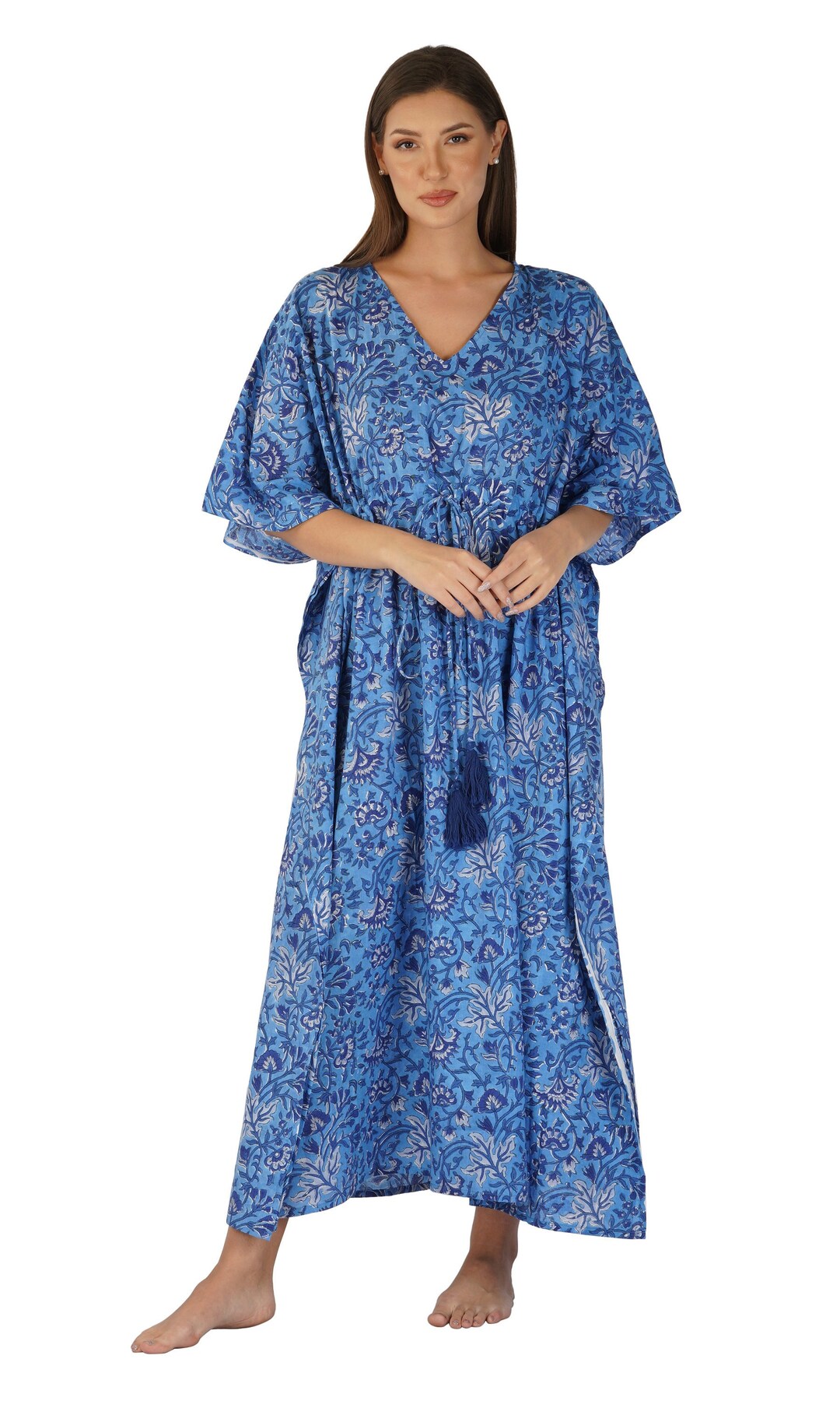 Safeera Indian Cotton Kaftan Flower Print Maxi, Hand Block Print Kaftan