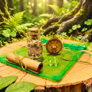 May include: A St Patrick's Day themed display on a tree stump. It includes a jar of "Leprechaun Dust", a rolled scroll, a wooden coin with "LUCKY" text, gold-rimmed glasses, and green shamrock-shaped accessories.