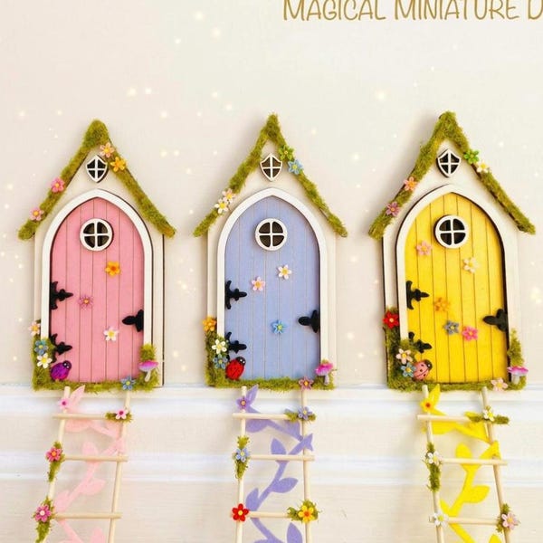 Handmade Wooden Fairy Door with Ladder & Bench – Fairy Bedroom Wall Decor